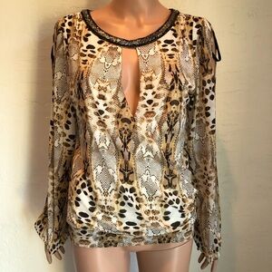 bebe Animal Print Long Sleeve Blouse in Beige, Black and Gold